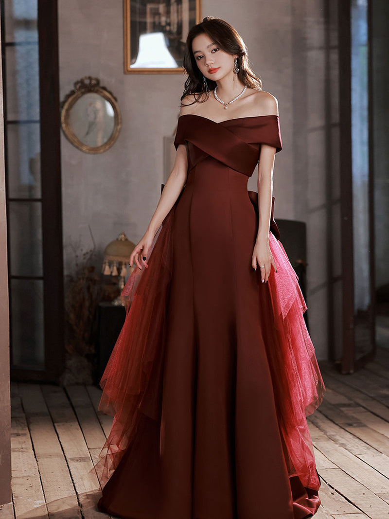 Burgundy Mermaid Sweep Train Long Prom Dress, Off Shoulder Satin Burgu – shopluu