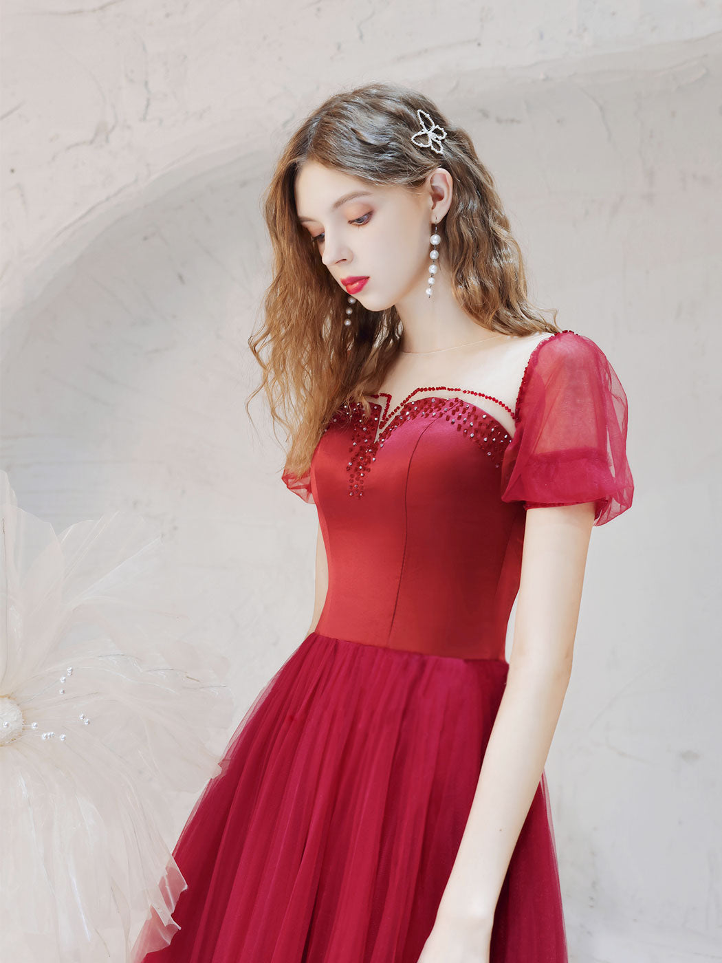 Burgundy Tulle Long Prom Dreesses