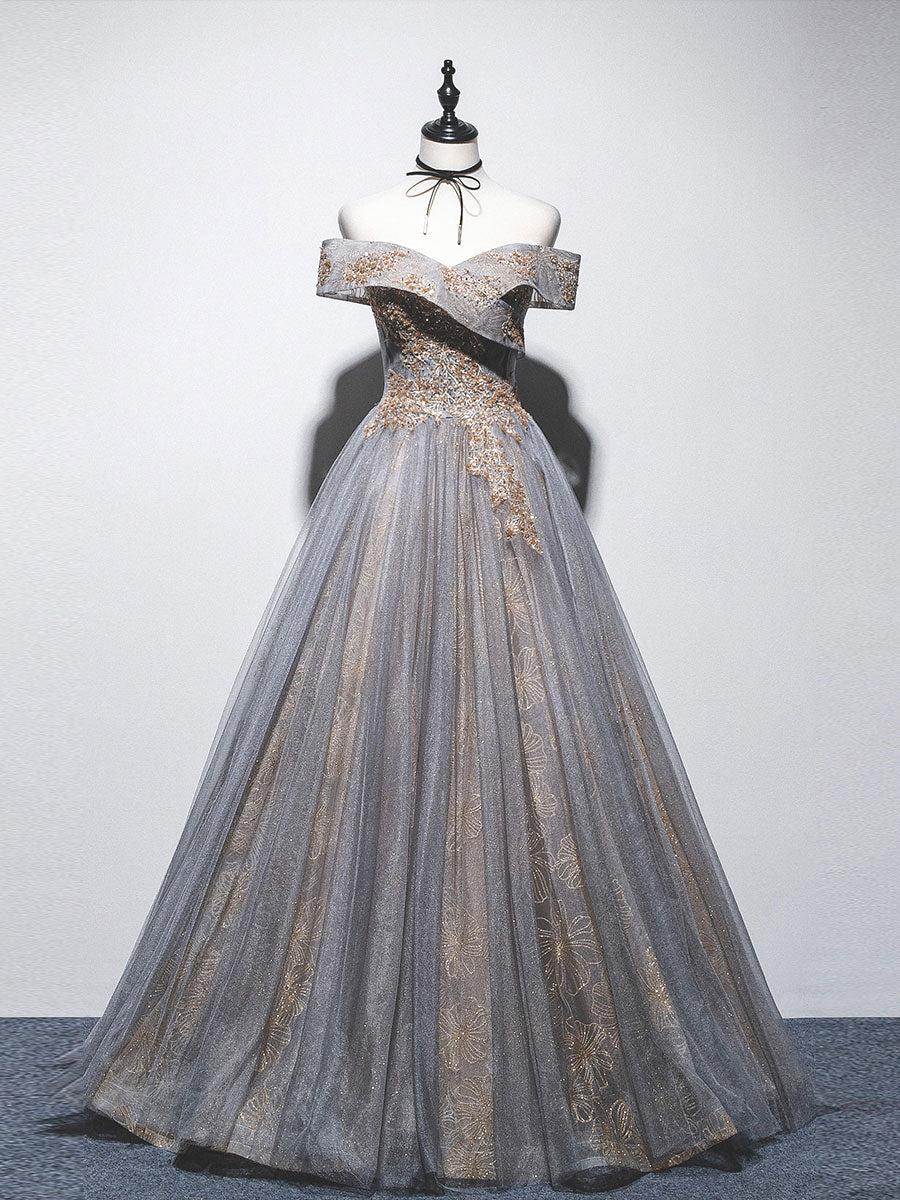 A-Line Off Shoulder Tulle Long Gray Prom Dress, A line Tulle Lace Evening Dress