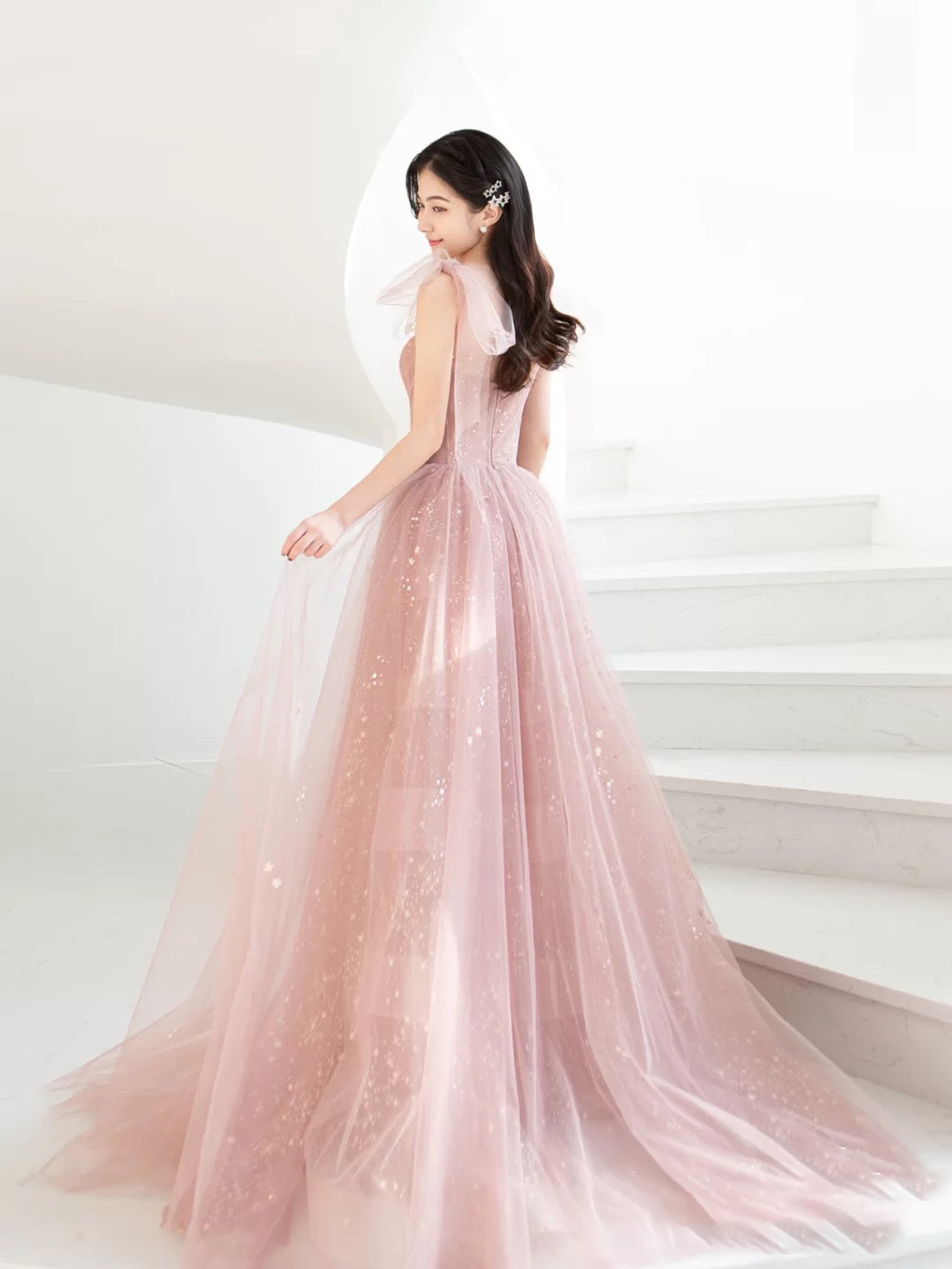 Simple Pink A Line Tulle Long Prom Dress, Pink Tulle Formal Dress