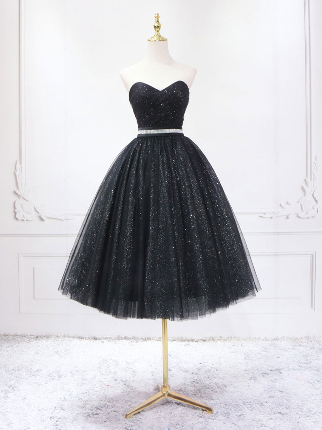 A-Line Sweetheart Neck Tulle Flower Black Short Prom Dress, Black Home shopluu A-Line Sweetheart Neck Tulle Flower Black Short Prom Dress, Black Home shopluu