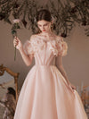 Pink Tulle Off Shoulder Tea Length Prom Dress Pink Tulle Homecoming Dress