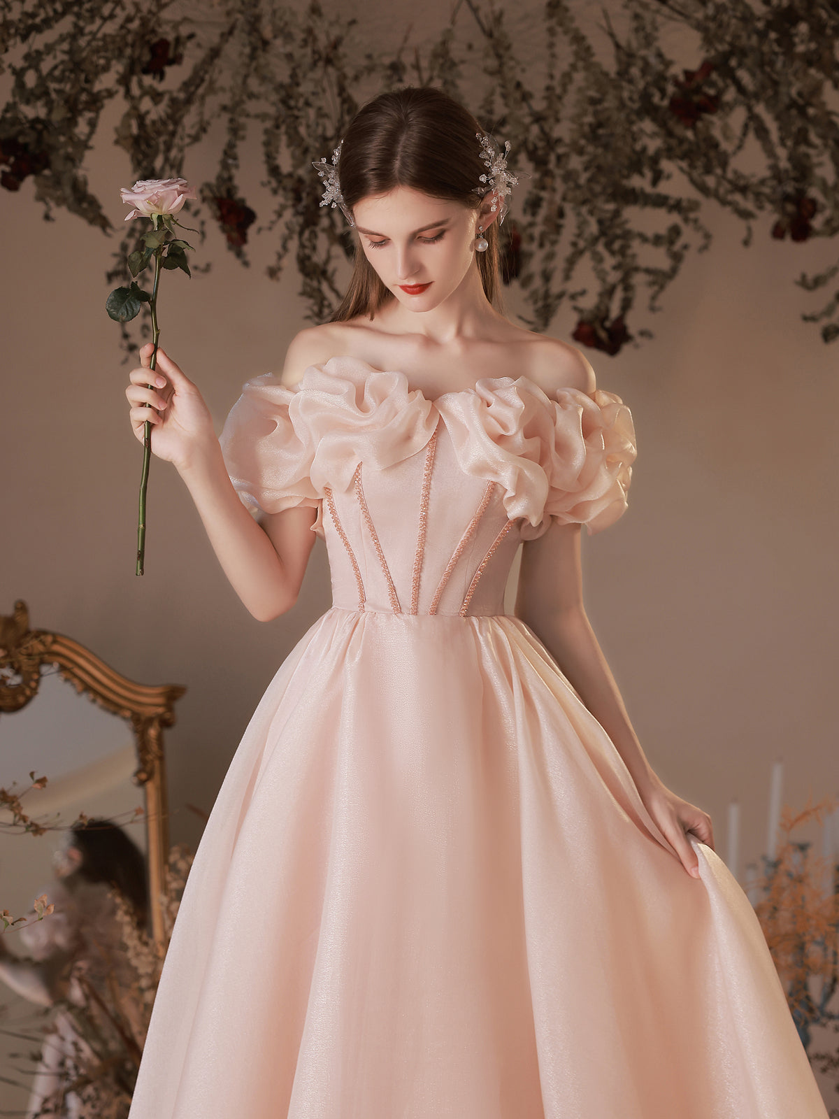 Pink Tulle Off Shoulder Tea Length Prom Dress Pink Tulle Homecoming Dr – shopluu