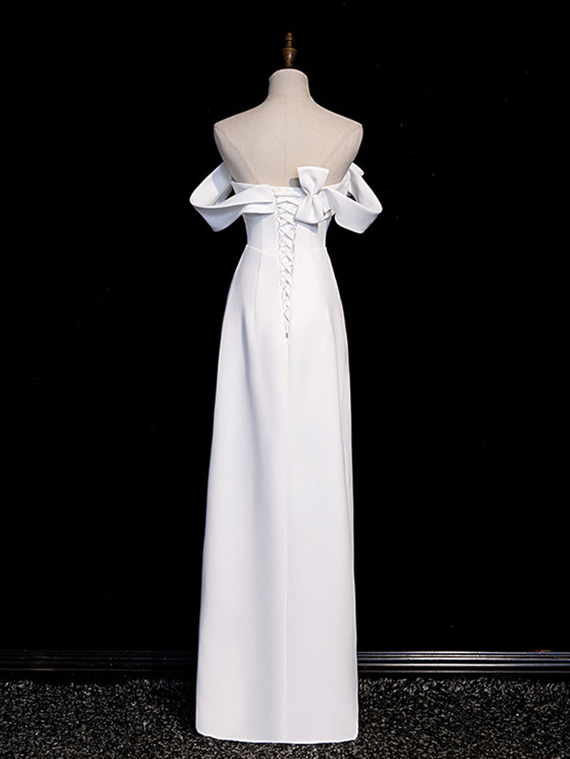 Simple White Off Shoulder Satin Long Prom Dress, White Long Formal Dress