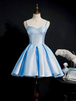 Simple Sweetheart Neck Satin Short Blue Prom Dresses, Puffy Blue Homecoming Dresses