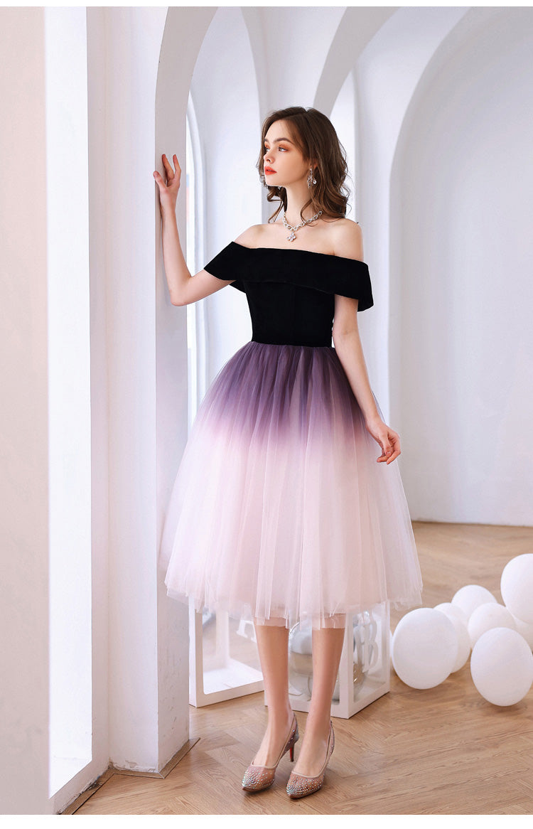Purple Off Shoulder Tulle Short Puffy Prom Dresses, Puffy Purple Homecoming Dresses