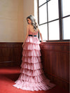 Pink V Neck High Low Long Prom Dress, Pink Tulle Formal Graduation Dresses
