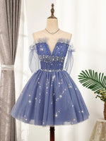 Blue Tulle Sequin Short Prom Dress, Puffy Blue Homecoming Dress