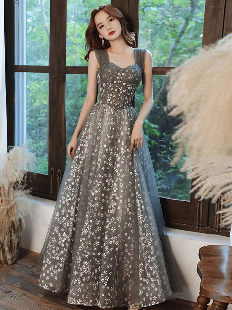 Aline Sweetheart Neck Tulle Gray Long Prom Dresses, Gray Graduation Dresses With Beading