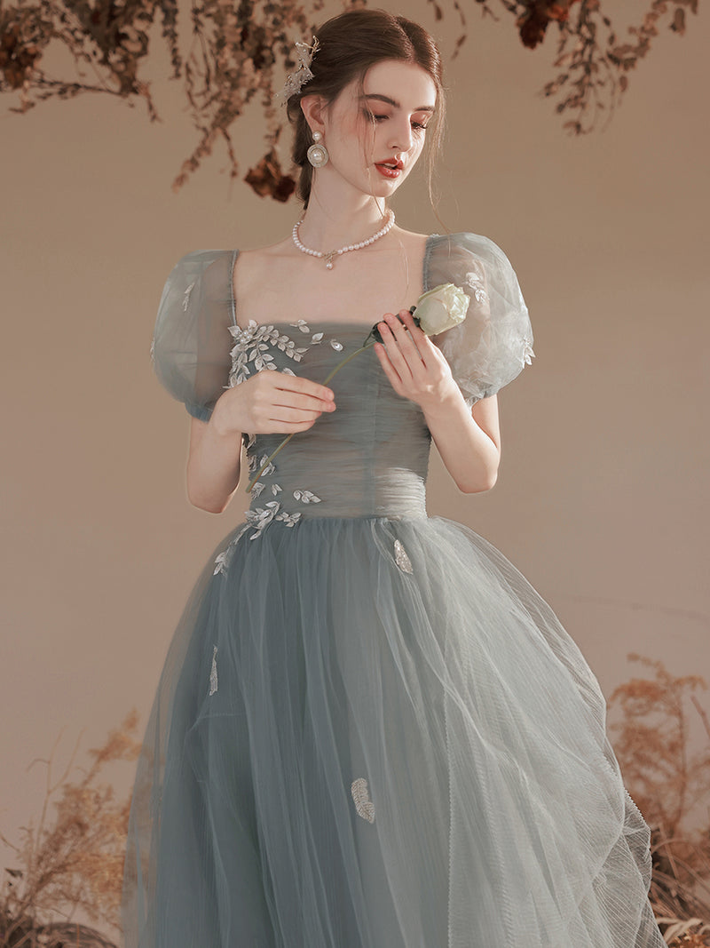 A-Line Square Neckline Gray Blue Long Prom Dress