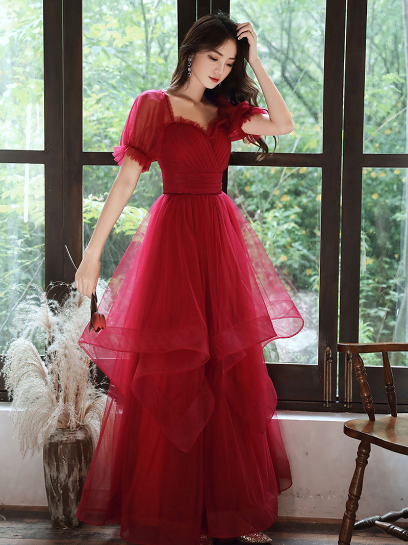 Simple A line Tulle Long Prom Dress Burgundy Tulle Formal Dress shopluu Simple A line Tulle Long Prom Dress Burgundy Tulle Formal Dress shopluu
