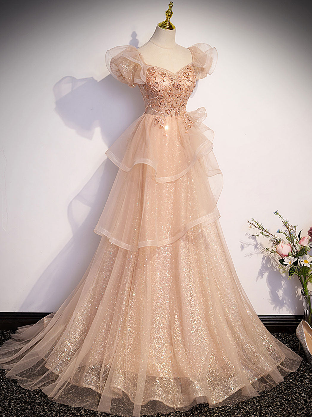 Champagne A-Line Tulle Beading Long Prom Dress