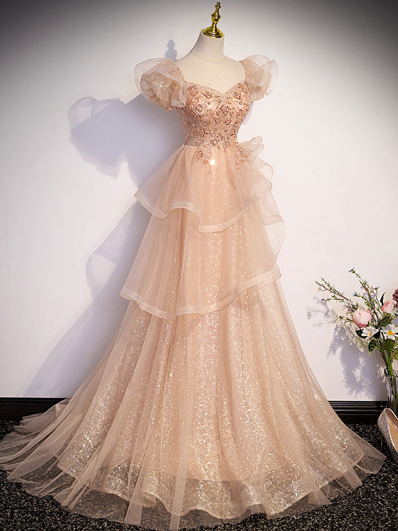 Champagne A-Line Tulle Beading Long Prom Dress