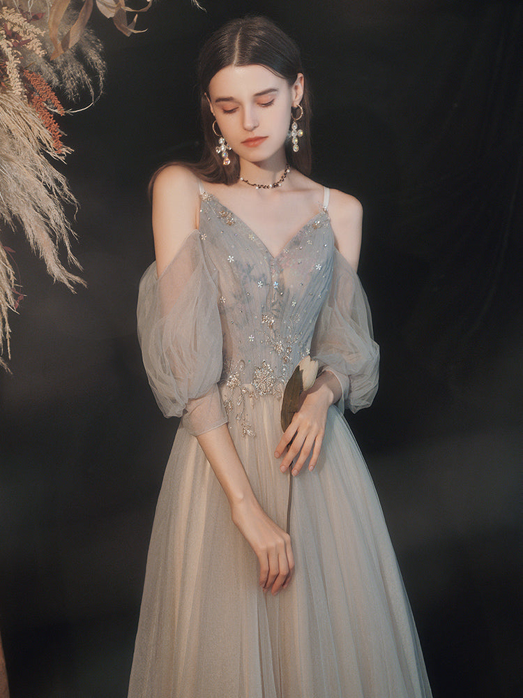 Gray V Neck Tulle Lace Long Prom Dress, A line Evening Dress