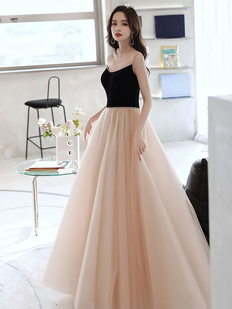 Simple Champagne Long Prom Dresses, Champagne Tulle Formal Dresses