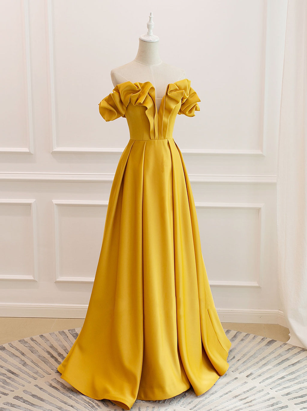 A-Line Off Shoulder Satin Yellow Long Prom Dress