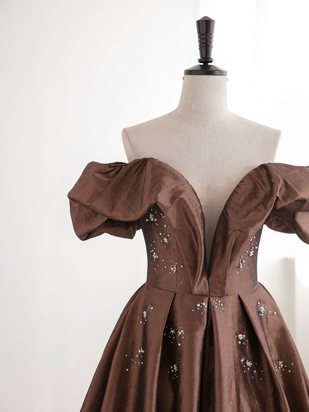 A-Line Tea length Brown Prom dresses, Off Shoulder Brown Formal Dress with Beading US 8 / Brown A-Line Tea length Brown Prom dresses, Off Shoulder Brown Formal Dress with Beading US 8 / Brown