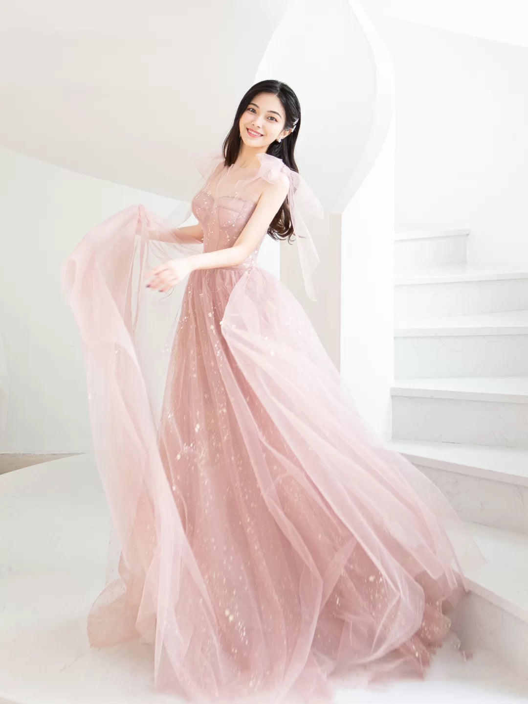 Pink Tulle Long A-Line Prom Dresses, Pink Evening Dresses US 10 / Custom Color Pink Tulle Long A-Line Prom Dresses, Pink Evening Dresses US 10 / Custom Color