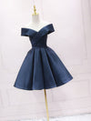 Simple Off Shoulder Satin Dark Blue Short Prom Dress, Blue Homecoming Dress