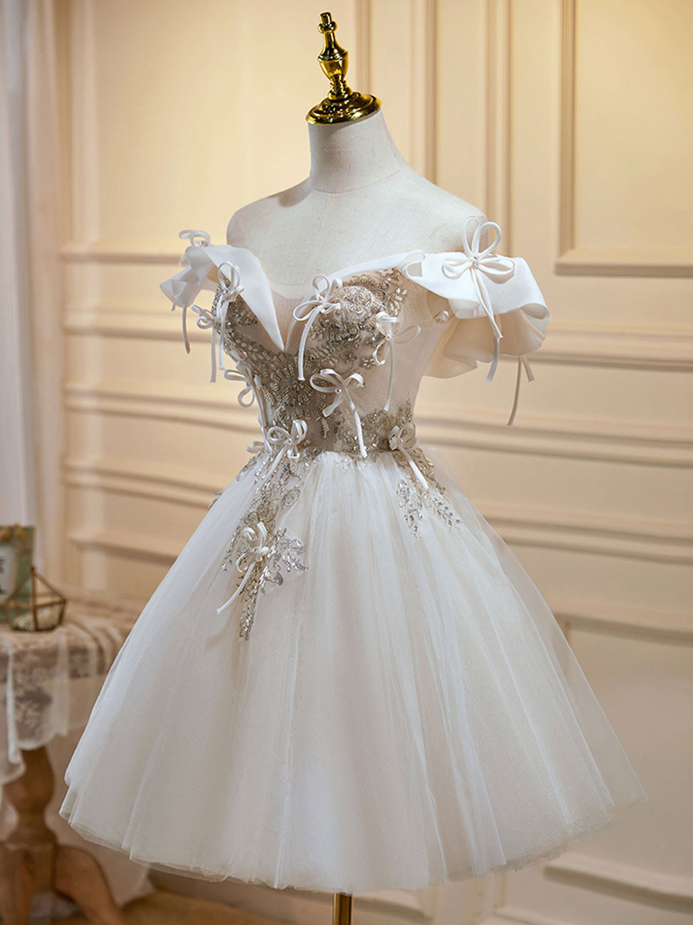 Mini/Short Light Champagne Prom Dress, Short Puffy Homecoming Dresses – shopluu
