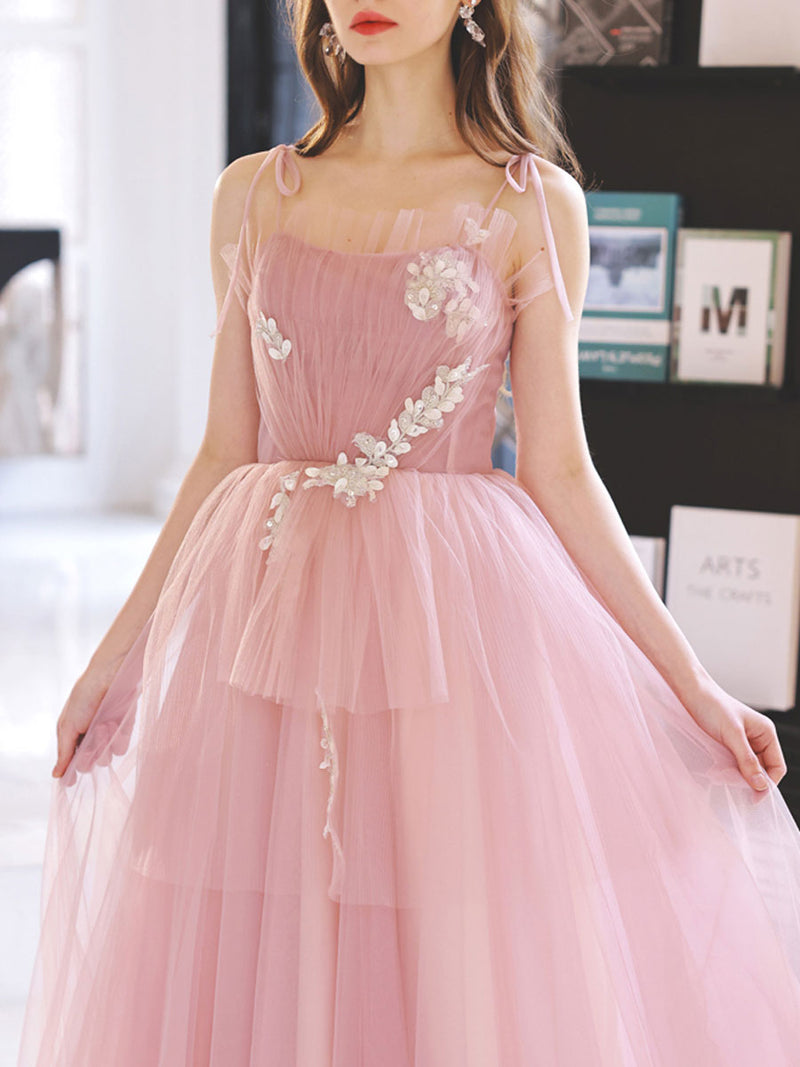shopluu Pink Tulle A Line Long Prom Dress, Pink Tulle Evening Dresses US 4 / Pink
