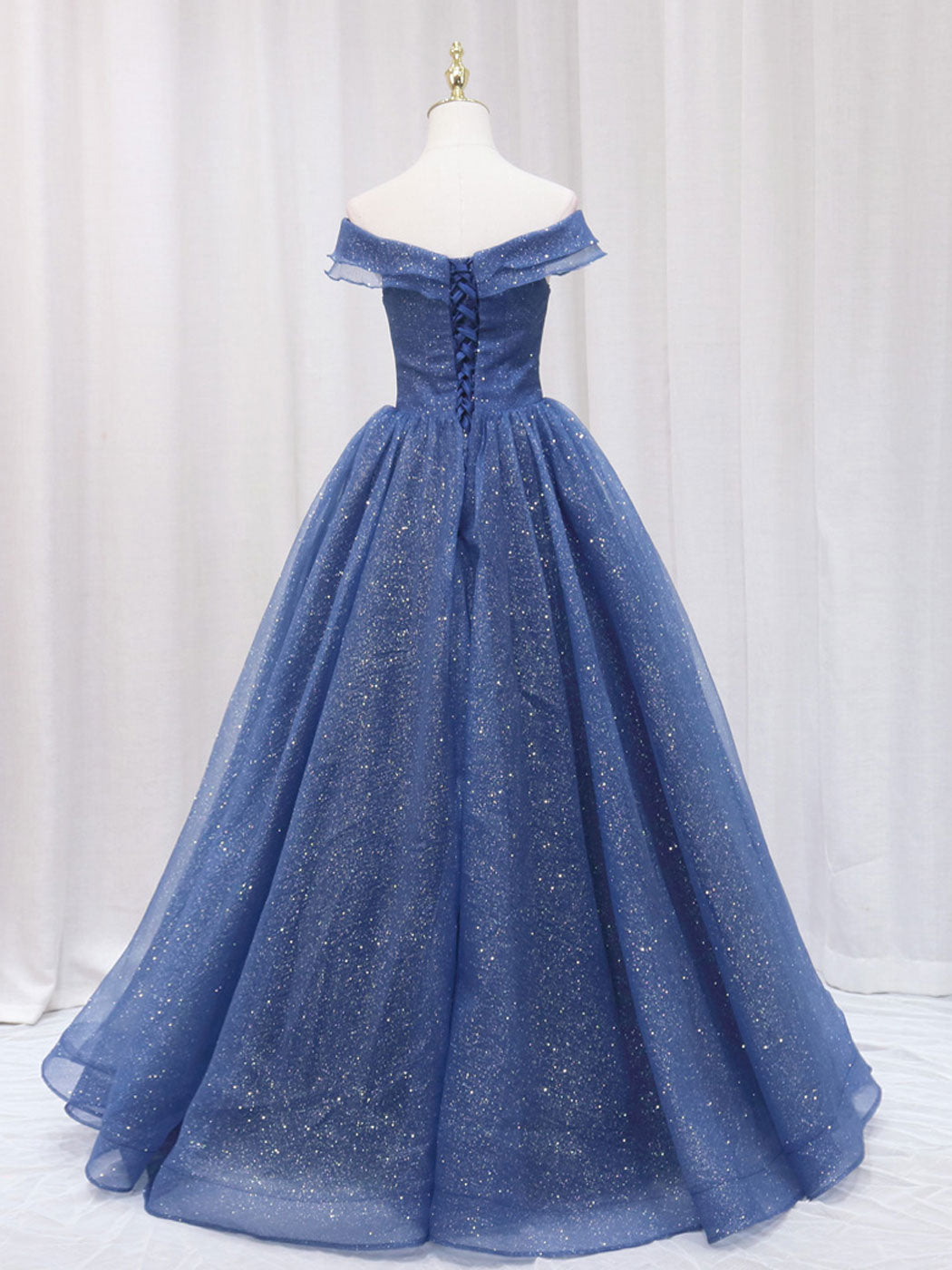 A-Line Off Shoulder Dark Blue Long Prom Dress, Shiny Tulle Long Graduation Dress US 10 / Custom Color A-Line Off Shoulder Dark Blue Long Prom Dress, Shiny Tulle Long Graduation Dress US 10 / Custom Color