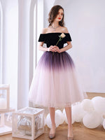 Purple Off Shoulder Tulle Short Puffy Prom Dresses, Puffy Purple Homecoming Dresses