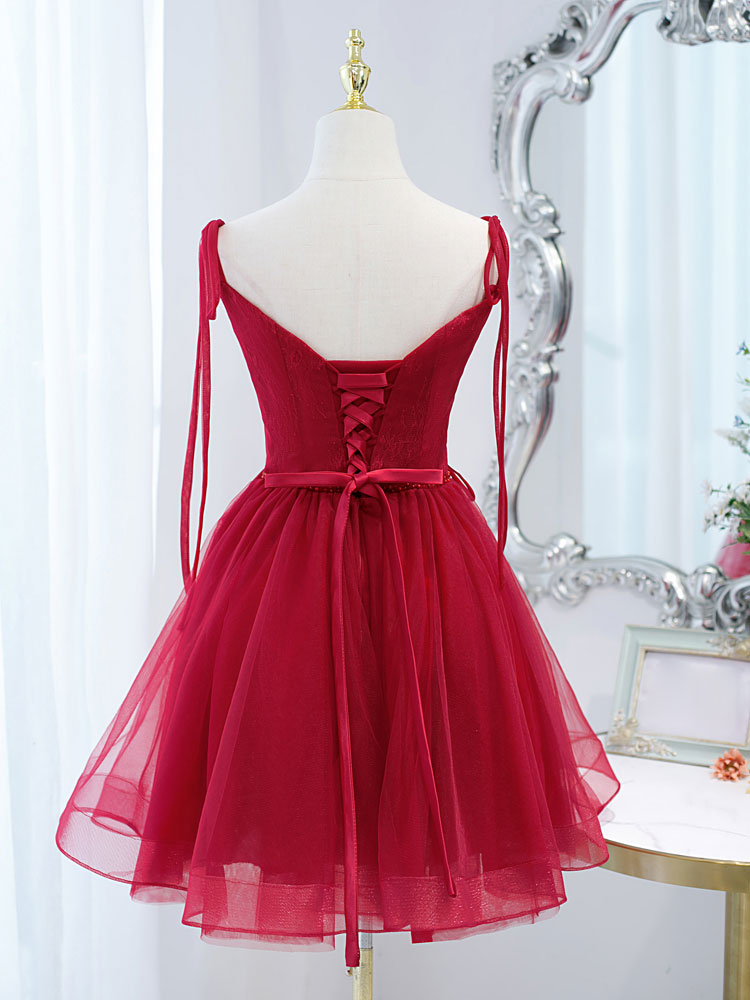 Red Tulle Lace Short Prom Dress Red Lace Puffy Homecoming Dress