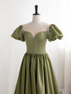 Green Puff Sleeves Satin Long Prom Dress