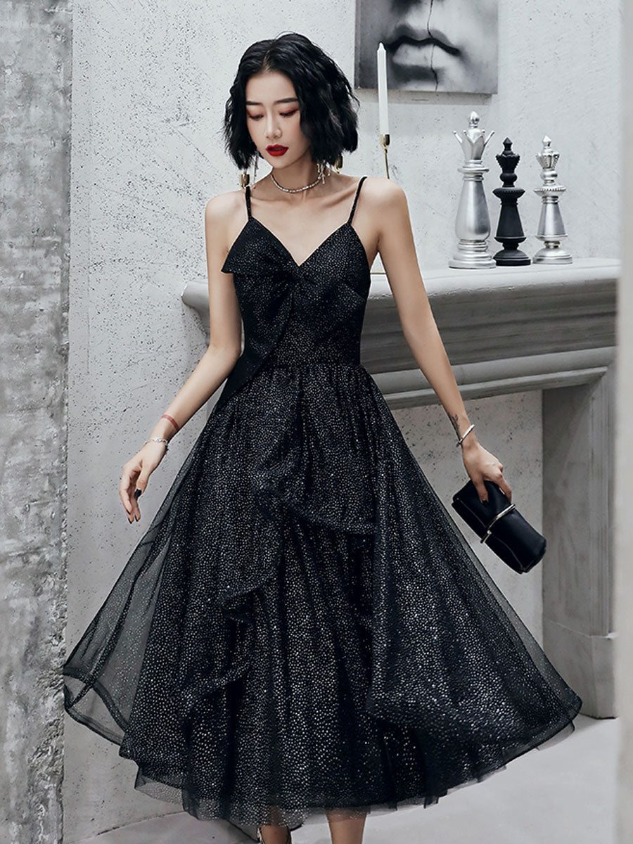 V Neck Tulle Sequin Short Black Prom Dresses, Black Tulle Homecoming Dresses