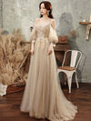 Champagne Tulle Lace Long Prom Dress, Champagne Formal Dresses