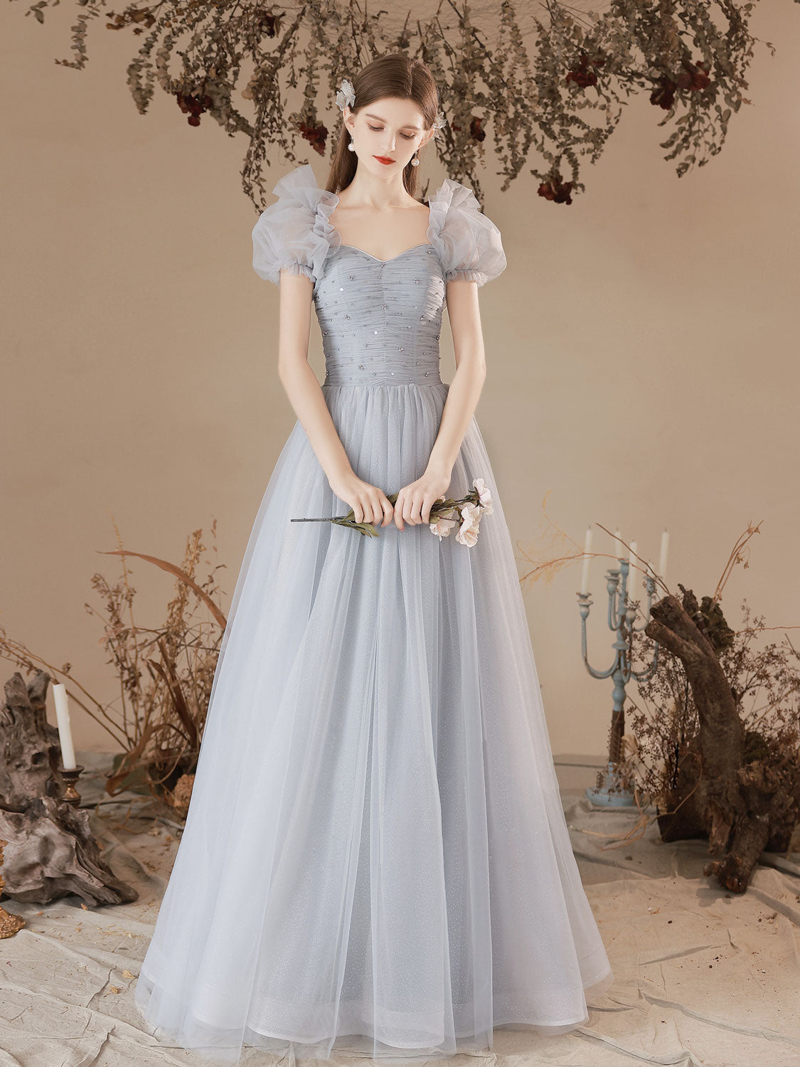 Gray Tulle Long Prom Dresses
