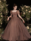 Simple Brown Tulle Long Prom Dress, Tulle Evening Dress
