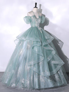 Green Tulle Lace Long Prom Dresses