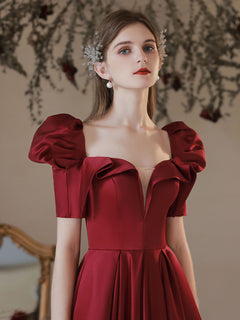 Burgundy A-Line Satin Long Prom Dress