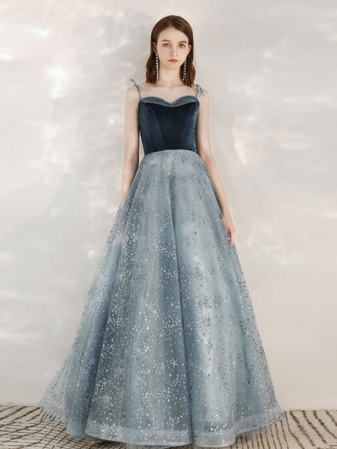 A-Line Sequin Tulle Blue Long Prom Dresses, Tulle Formal Dress with Velvet