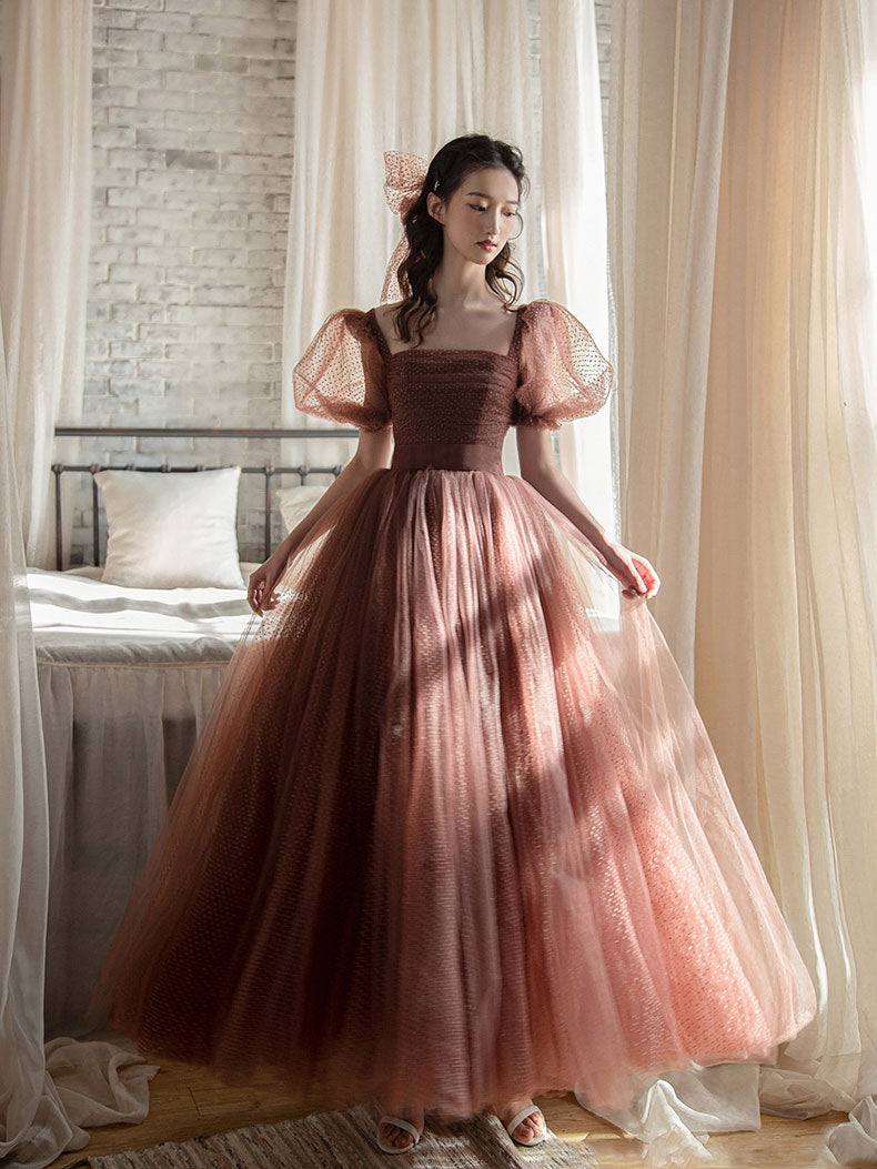 Elegant Retro Brown Tea Length Tulle Prom Dress, Puffy Homecoming Dress