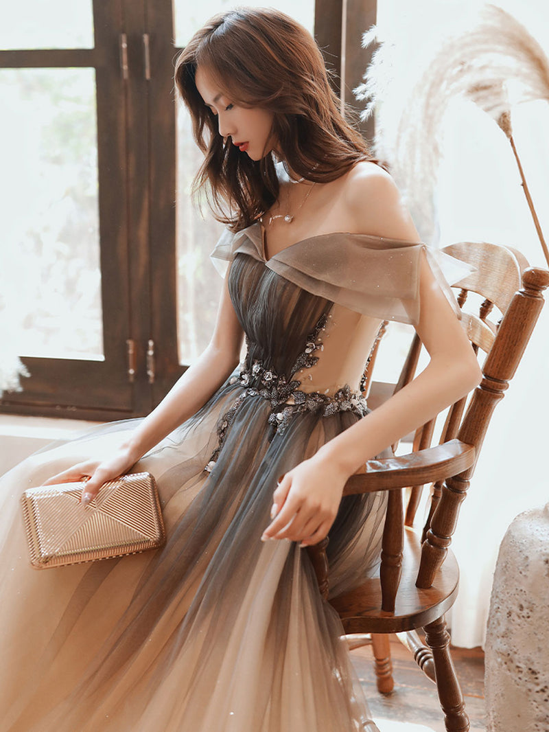 A Line Brown Long Prom Dresses, Off Shoulder Brown Formal Graduation Dresses US 10 / Brown A Line Brown Long Prom Dresses, Off Shoulder Brown Formal Graduation Dresses US 10 / Brown