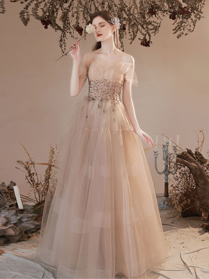 A Line Champagne Long Prom Dresses, Champagne Formal Graduation Dress With Beading sequin