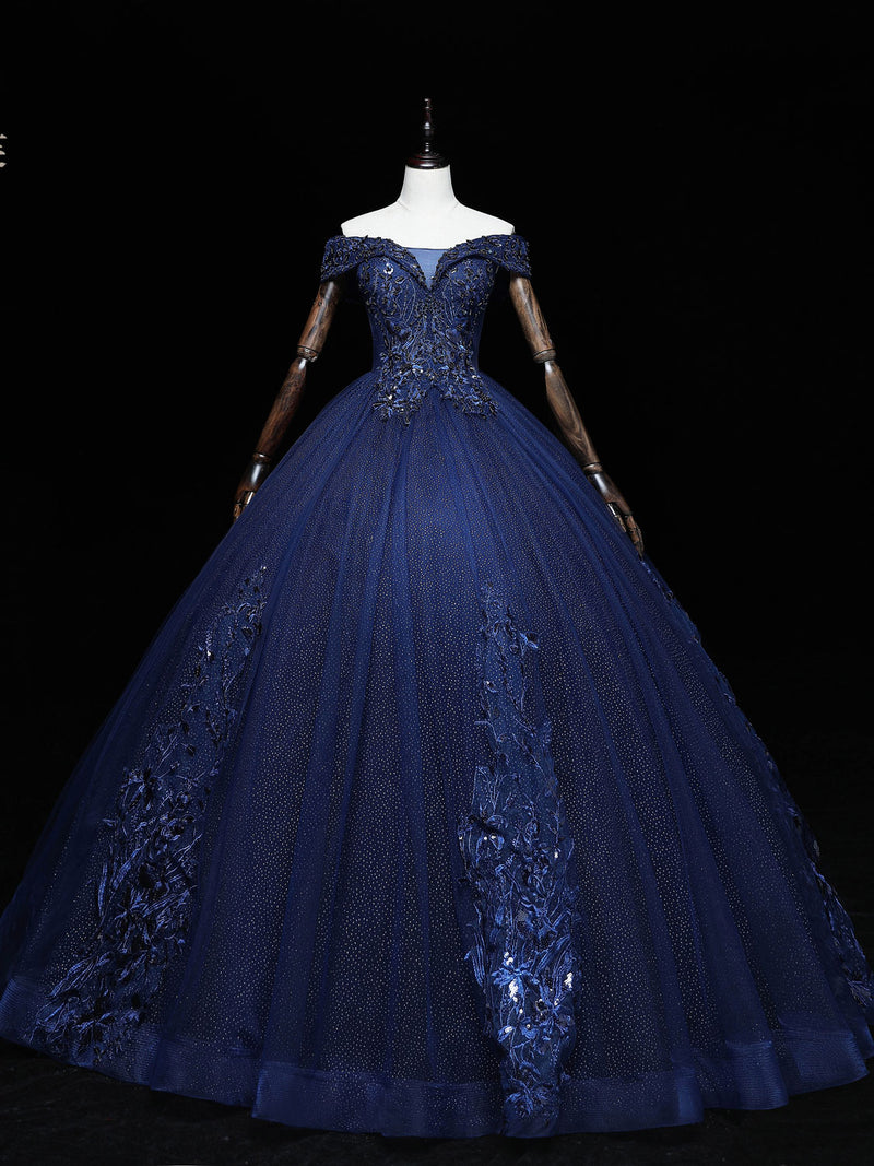 Dark Blue Off Shoulder Tulle Lace Long Prom Gown, Blue Sweet 16 Dress ...