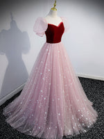 Pink A line Tulle Long Prom Dress, Pink Tulle Evening Graduation Dresses