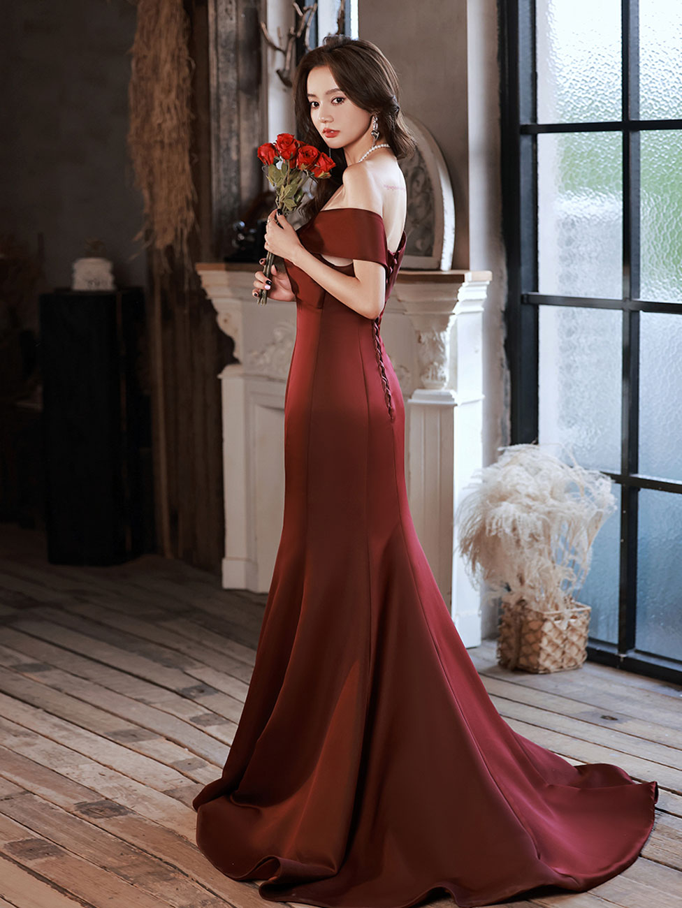 Burgundy Mermaid Sweep Train Long Prom Dress, Off Shoulder Satin Burgu – shopluu