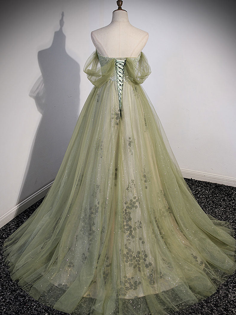 A Line Green Tulle Long Prom Dress, Green Formal Evening Dress with Be ...