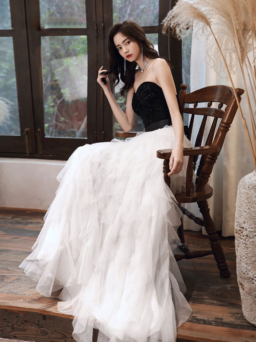 White Tulle Sweetheart Long Prom Dress, White Formal Graduation Dresses