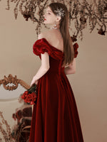 A-Line Off Shoulder Velvet Burgundy Long Prom Dresses, Burgundy Formal Evening Dress