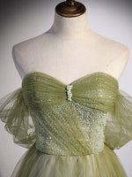 A Line Green Tulle Long Prom Dress, Green Formal Evening Dress with Beading