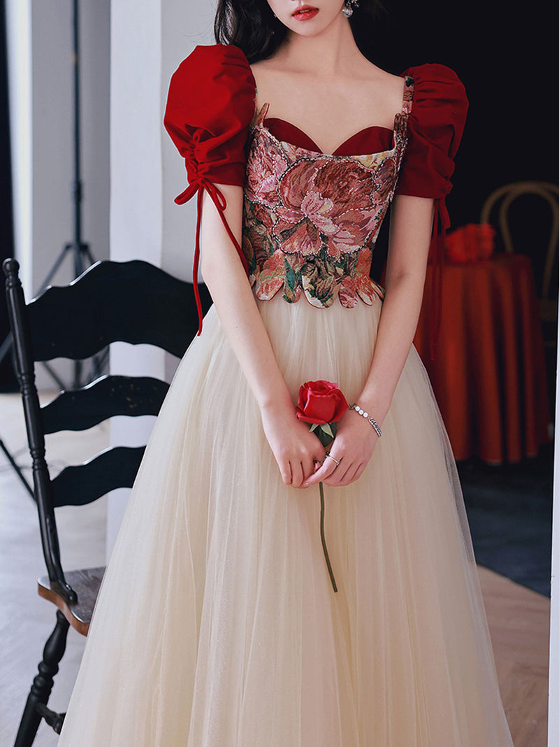 Champagne Aline Tulle Lace Long Prom Dress Champagne Evening Graduatio – shopluu