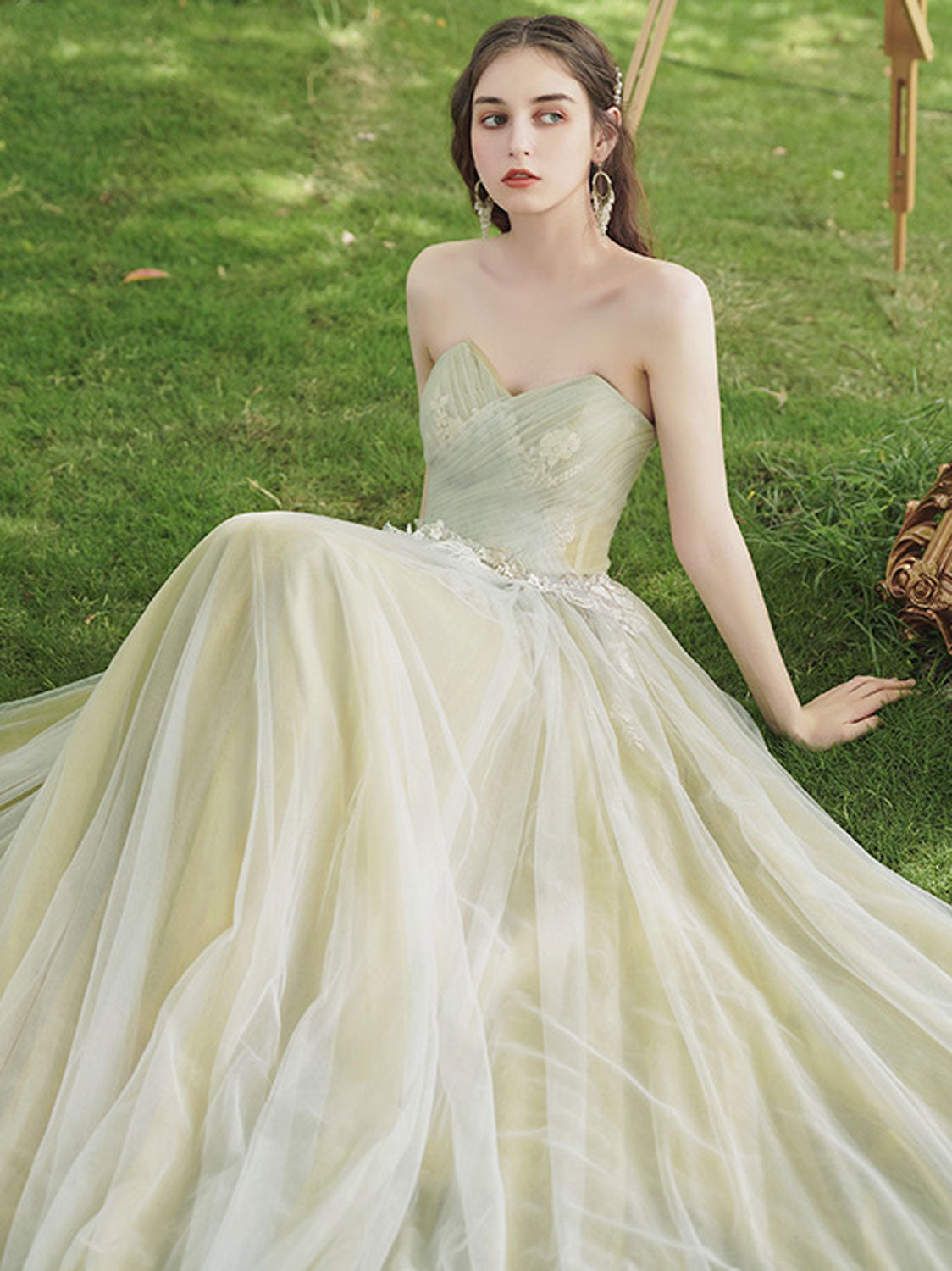 A-Line Green Tulle Lace Long Prom Dress