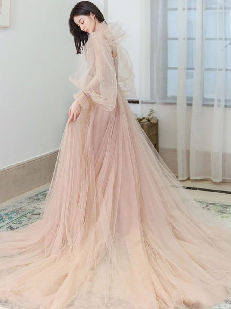 Champagne Aline Tulle Long Prom Dresses, Long Formal Graduation Dresse shopluu Champagne Aline Tulle Long Prom Dresses, Long Formal Graduation Dresse shopluu