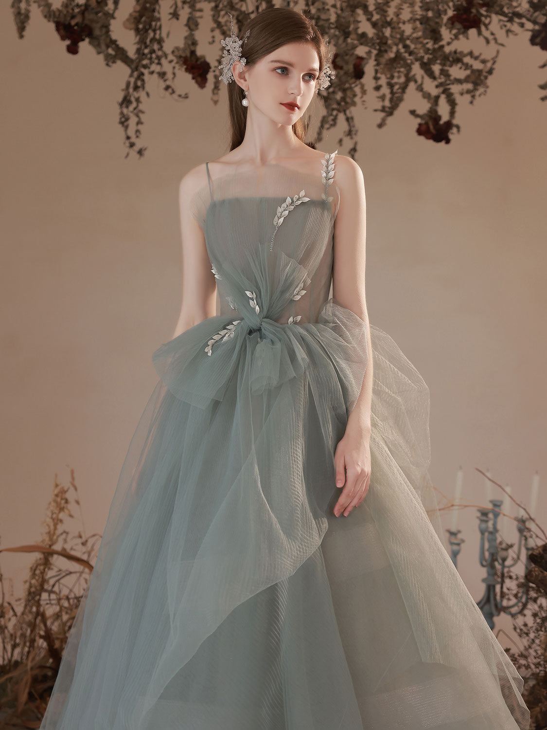Gray Green Long Prom Dress, Gray Green Formal Graduation Dresses